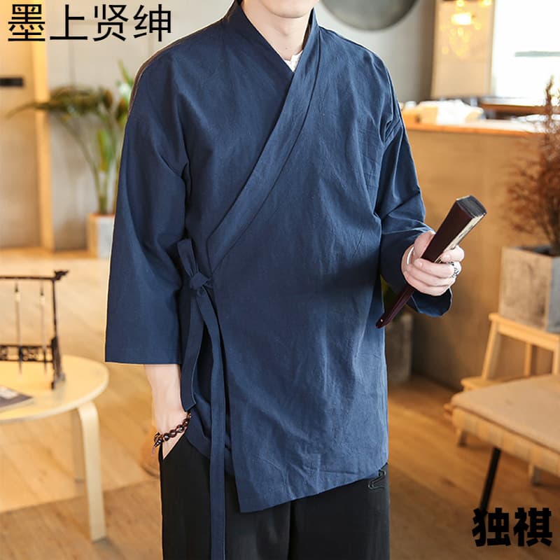 Seven-sleeve Hanfu Men's Ancient-style Side-opening Chinese-style Taoist Robe, Simple Countryside Hermit Zen Traditional Culture Jacket