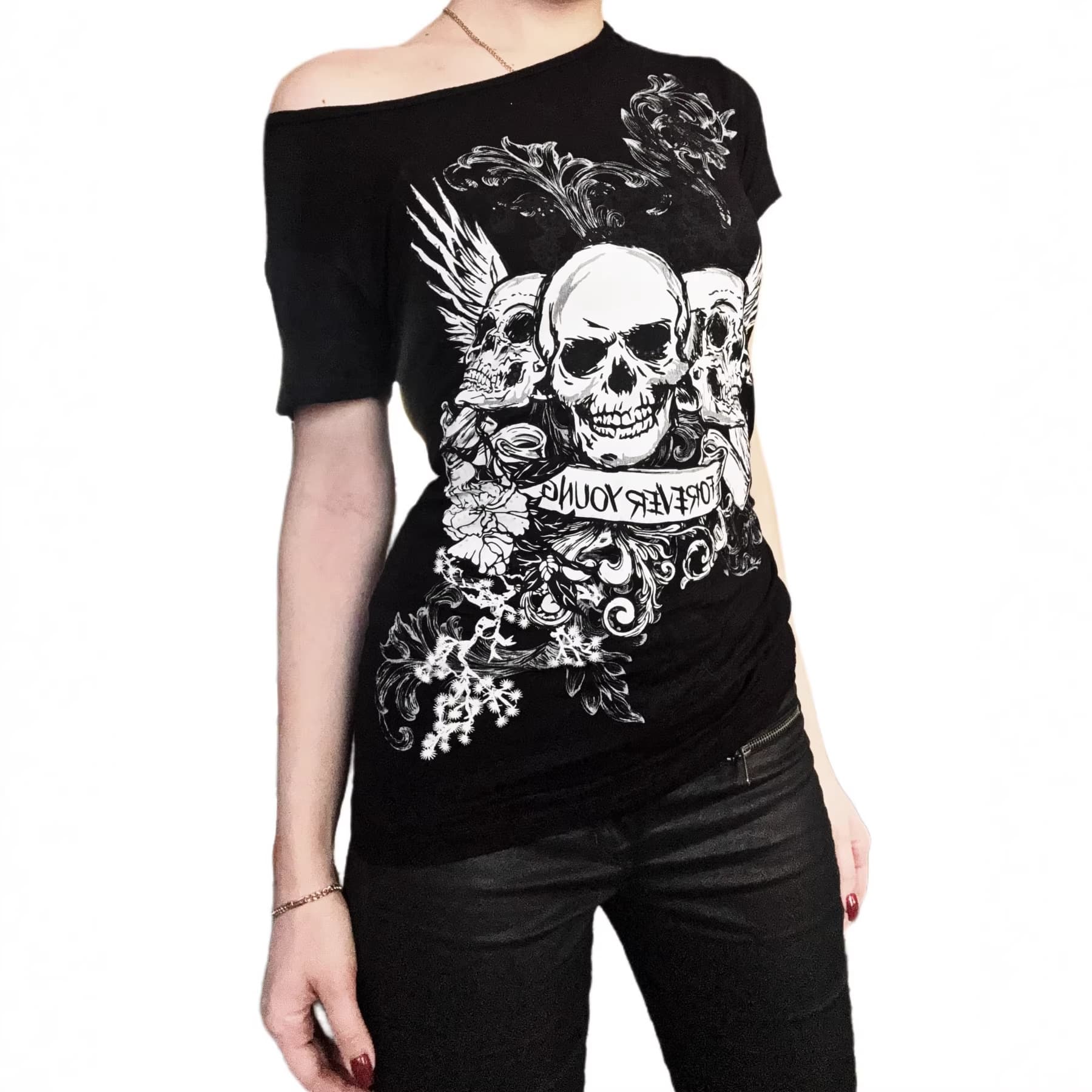 European and American Short Sleeve T-Shirt for Women, Subculture Hot Girl Slim Fit Versatile Skull Print Pure Black Round Neck Sweet Cool Top for Export