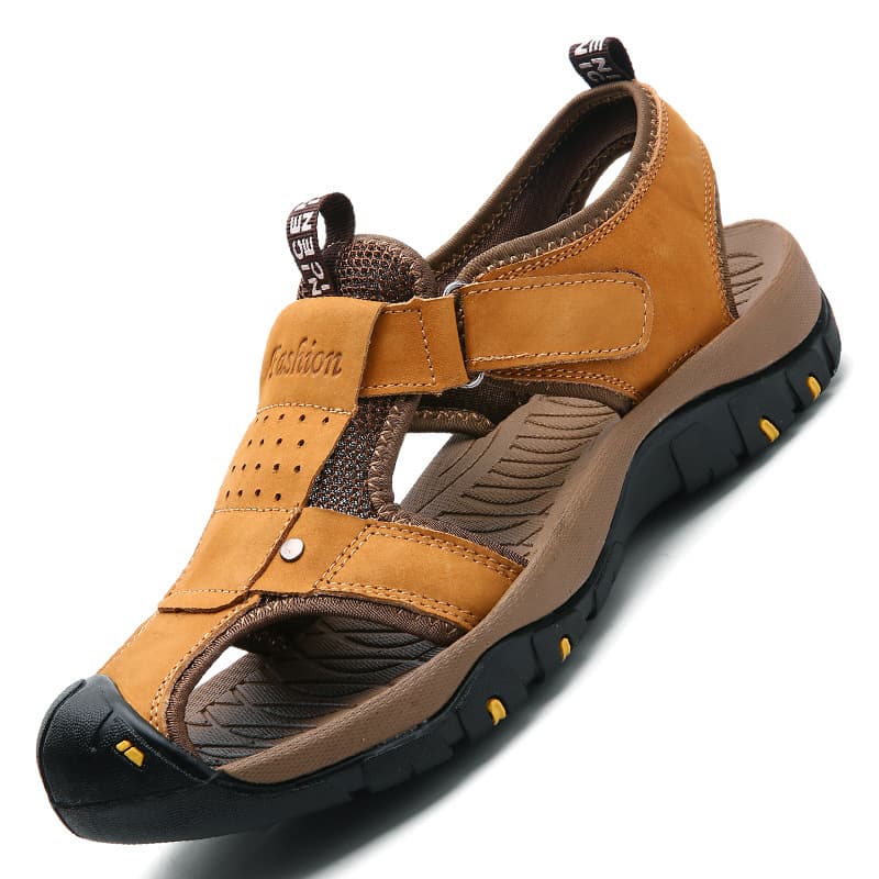 Summer Top Layer Cowhide Leather Sandals Genuine Leather Toe-Cap Men's Shoes Breathable Beach Shoes Sports Outdoor Waterproof Non-Slip Hole Shoes