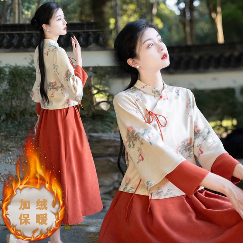 New Chinese-style national style modified cheongsam loose warm suede retro top and skirt two-piece set, Garden Tour