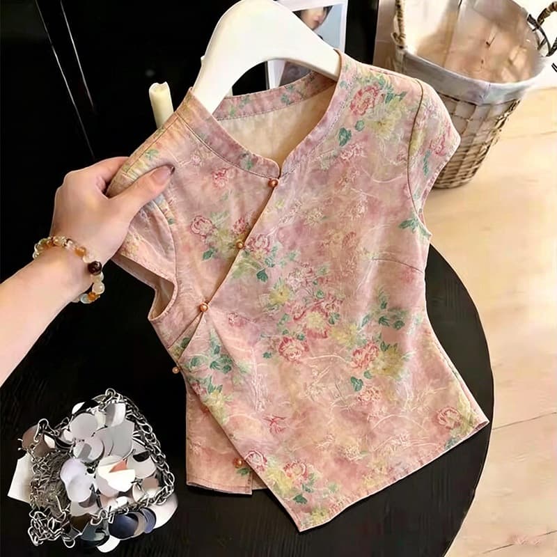 【Summer Top】New Chinese Style 2026 Summer Round Neck Pankou Print Slimming Versatile Tang Suit Short Sleeve Top