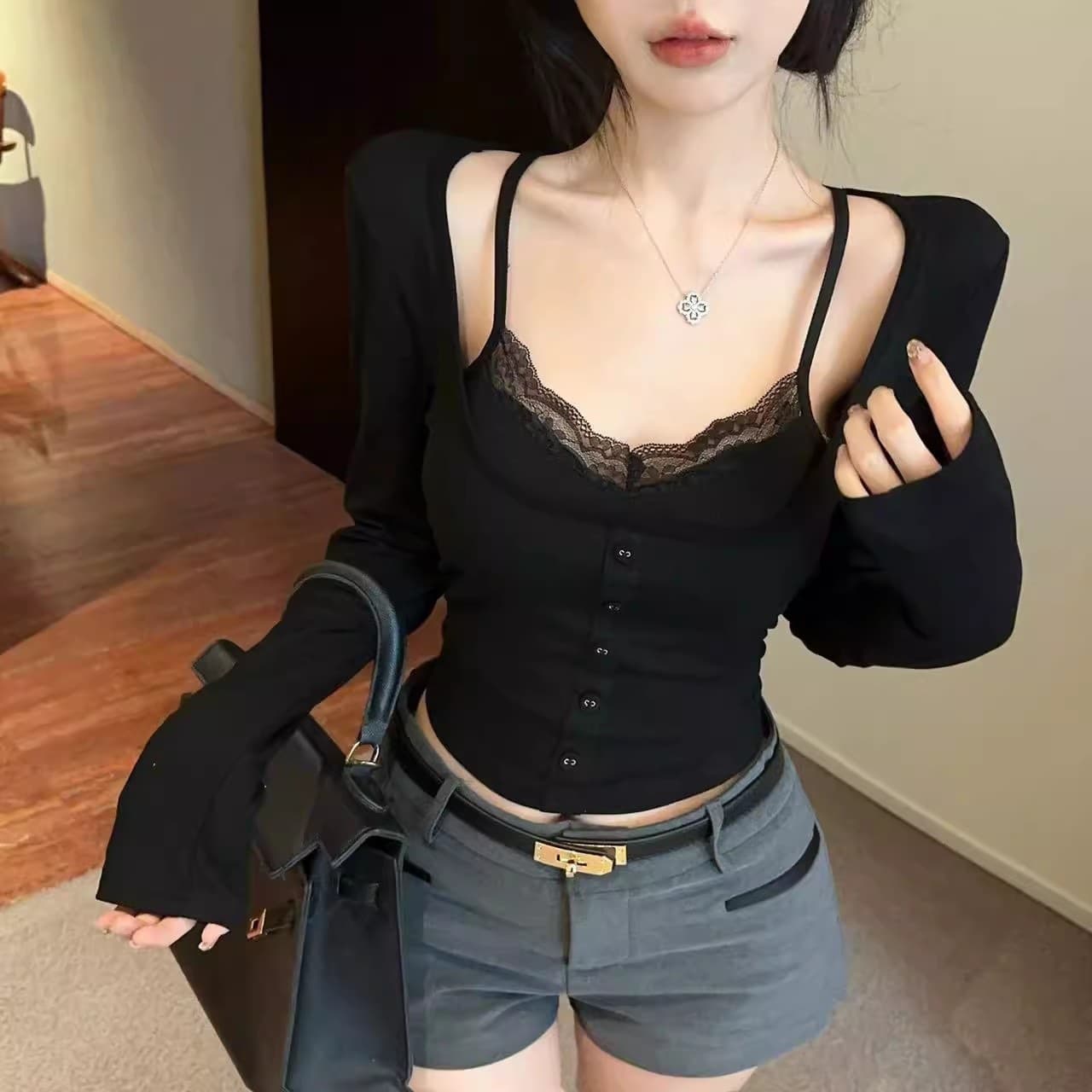5153# Pure Desire Spicy Girl Lace Trim Fake Two-Piece Long Sleeve T-Shirt Autumn Slimming Inner Layer Cropped Base Layer Top