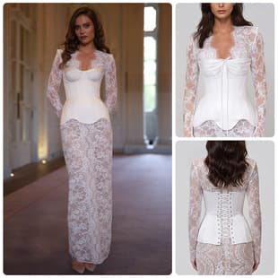 Floral Lace Long Sleeve Long Dress Deep V Eyelash Lace Sheer Long Sleeve Overlay Satin Corset Bodice