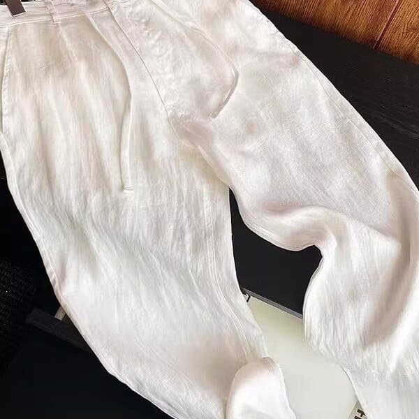 Summer Old Money Style White Linen Pants for Men, Thin and Breathable Curved Casual Pants, Loose and Slimming Straight Leg Pants