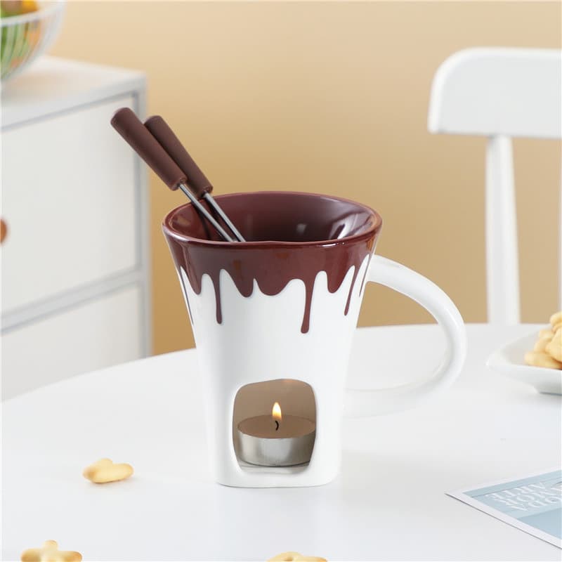 Chocolate Fondue Cup with Forks Ceramic Melting Pot for Honey Heating Cheese Dessert Ice Cream Fondue Cup