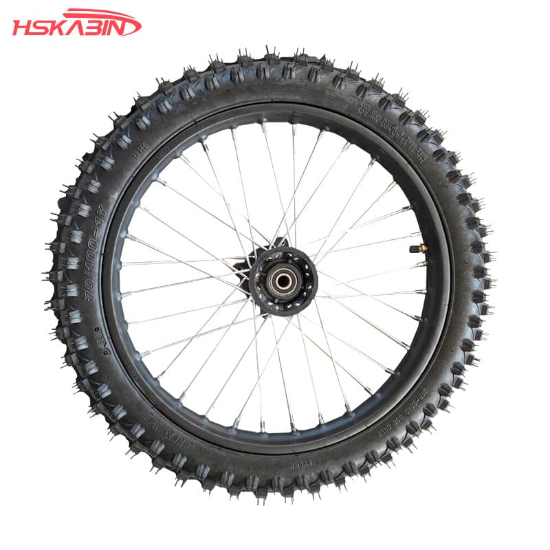 CRF50 Apollo off-road motorcycle with 70/100-17 inch inner and outer tires and 1.60X17 steel wheels.