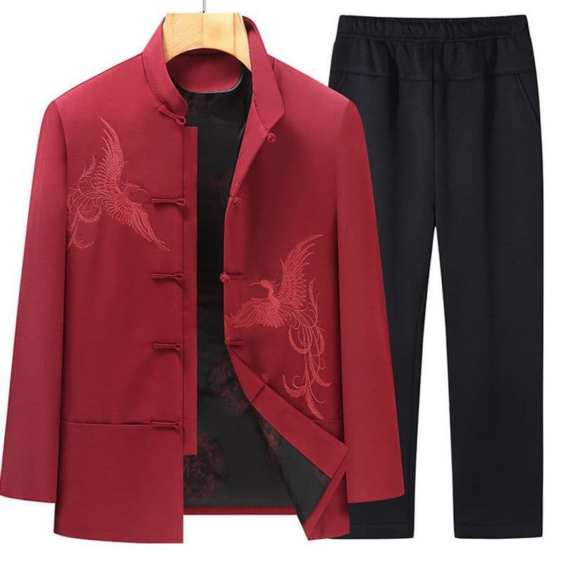 2025 New Chinese Style Tang Suit Men's Spring and Autumn Jacket for Middle-Aged and Elderly, Dad's Zhongshan Suit Elderly Hanfu Set