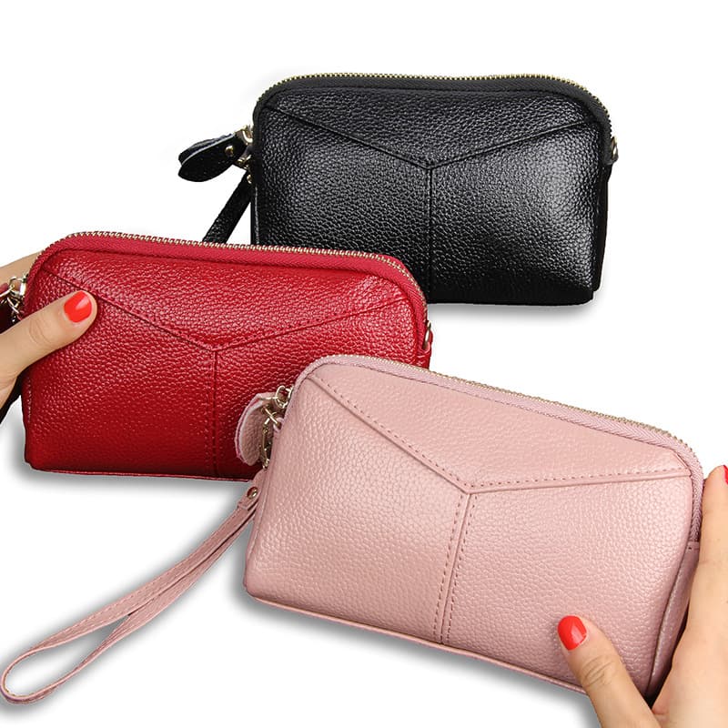 Fashionable Minimalist Genuine Leather Ladies Clutch Bag Double Zipper Korean Style Wristlet Phone Bag Long Wallet for Women