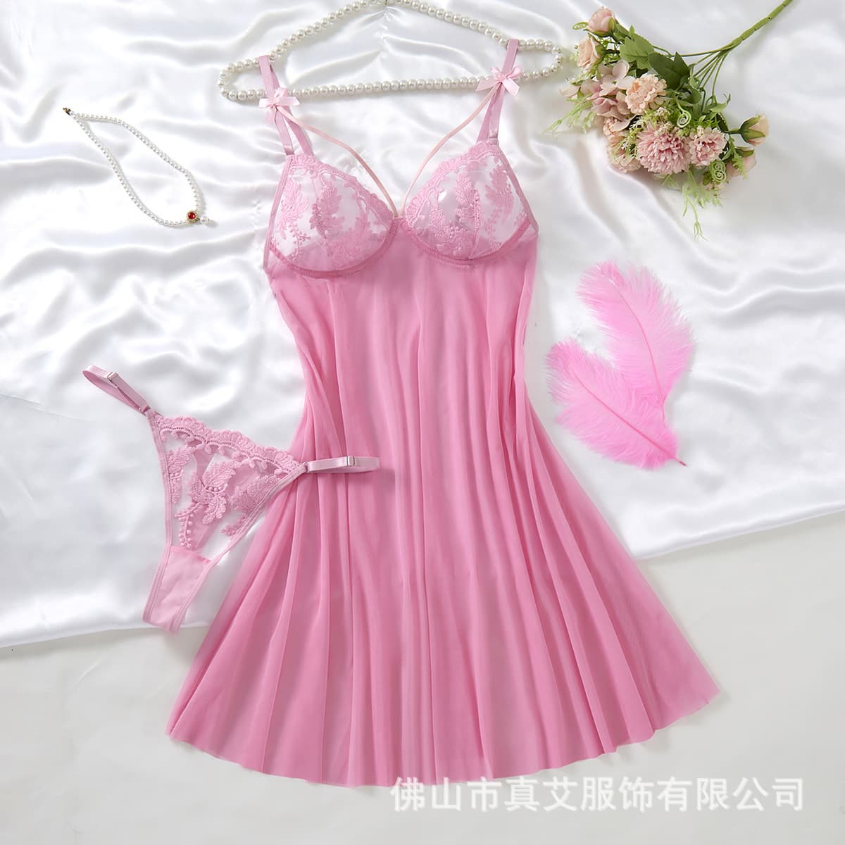 Cross-Border Bestseller Sexy Lingerie Multi-Color Bow Wheat Embroidery Deep V See-Through Camisole Nightgown with Thong 66