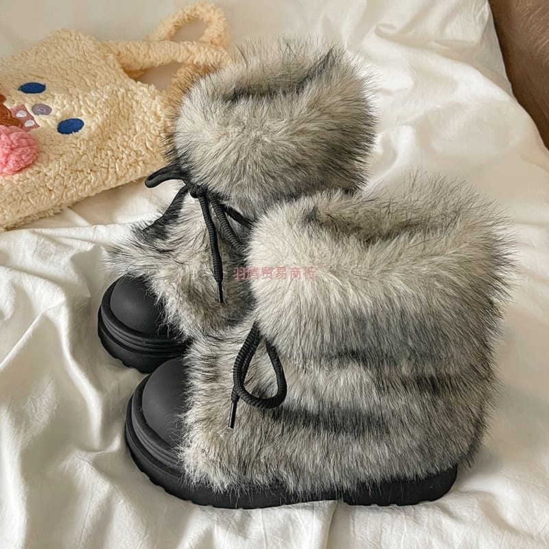 Fluffy Thick Sole with Fleece Lining Mid Shaft Women's Snow Boots 2025 Winter New Style Versatile Warm Slip-Resistant Big Toe Fur Boots