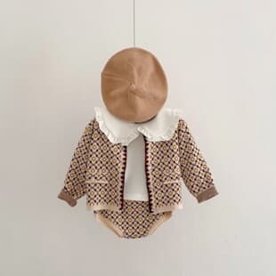 2026 Spring Autumn Baby Girl Knitted Little Chanel Style Sweater Jacket + Patterned Pants Set