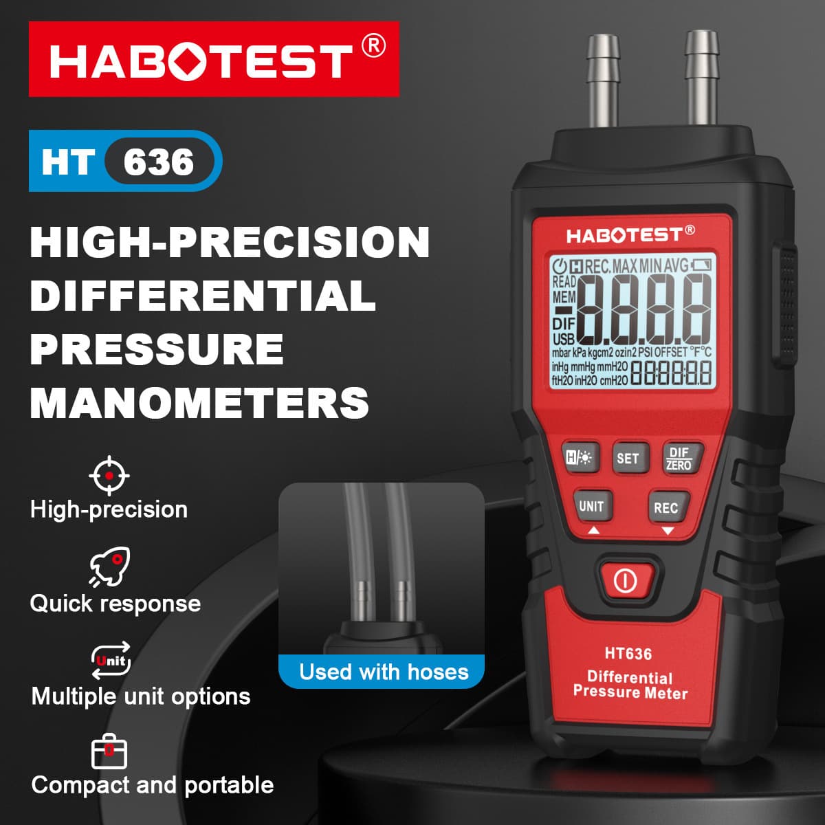 HABOTEST HT636 Digital Pressure Gauge Differential Pressure Manometer with Negative Pressure and Micro-Pressure Detection