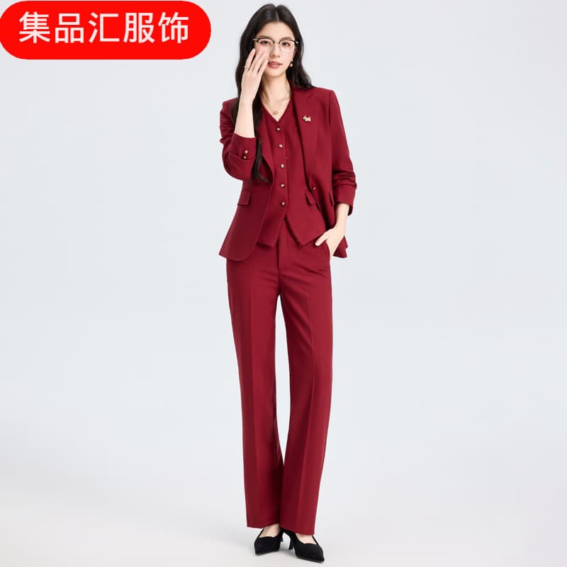Red Long-Sleeve Small Blazer Collar Jacket Women's Vest Pants Three-Piece Set Cross-Border Wholesale Business Women's Suit