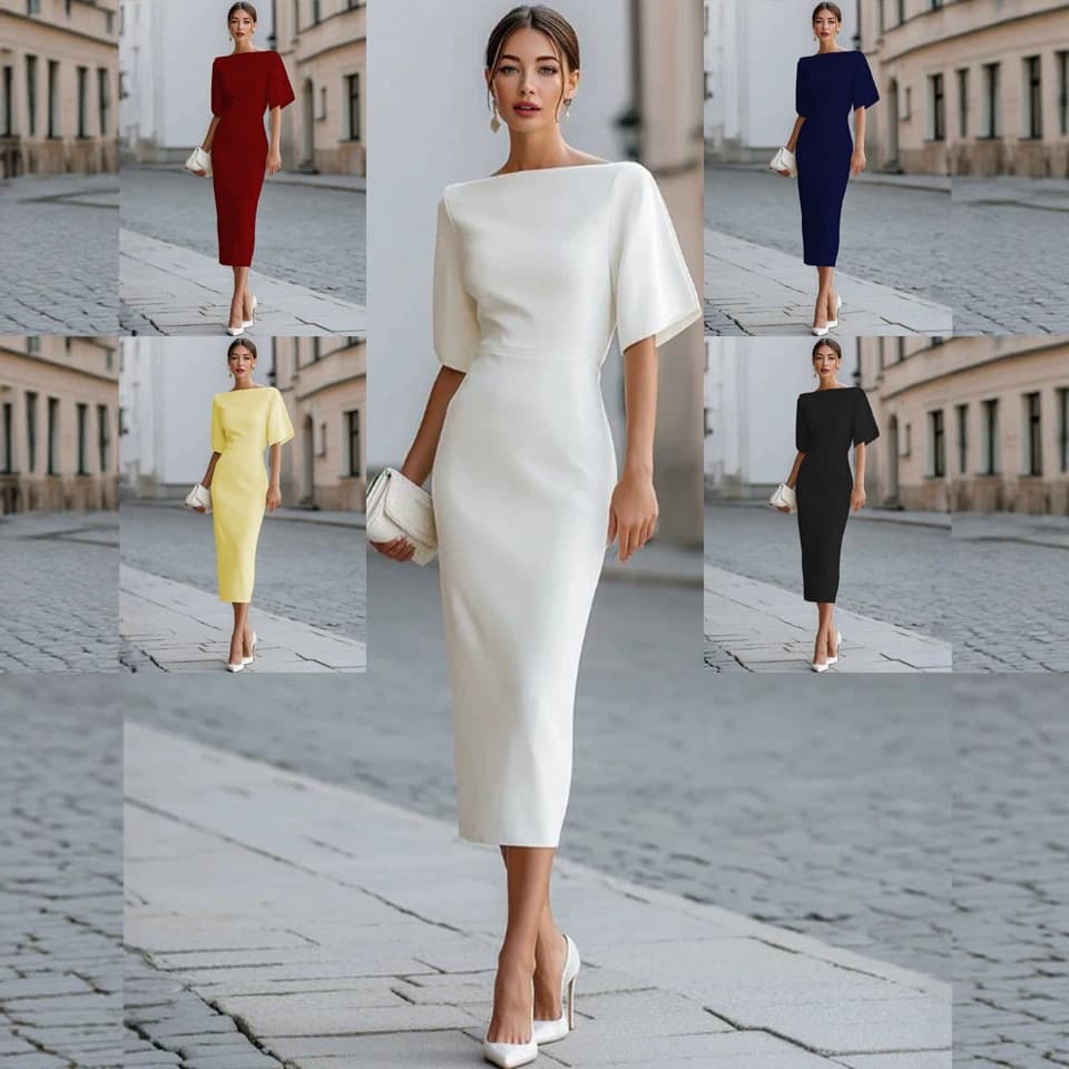Amazon 2026 European and American cross-border summer new solid color round neck mid-sleeve elegant casual women's dress