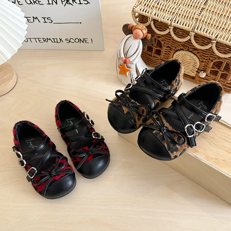 2026 Autumn New Children's Shoes Girls Polka Dot Bow Princess Shoes Medium and Large Girls Leopard Fashion Leather Shoes