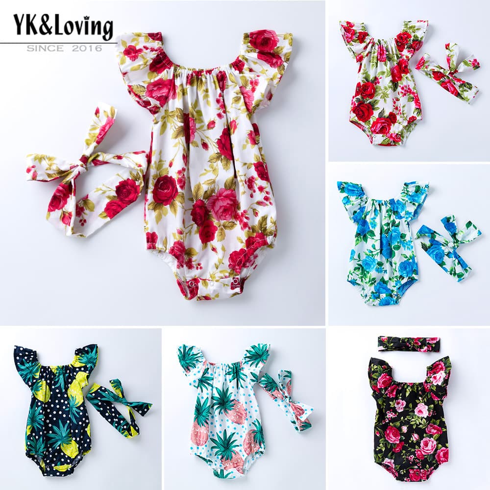 Cross-border Spring/Summer New Baby Bodysuit 0-2 Years Old European American Style Printed Romper Headband Set Drop Shipping
