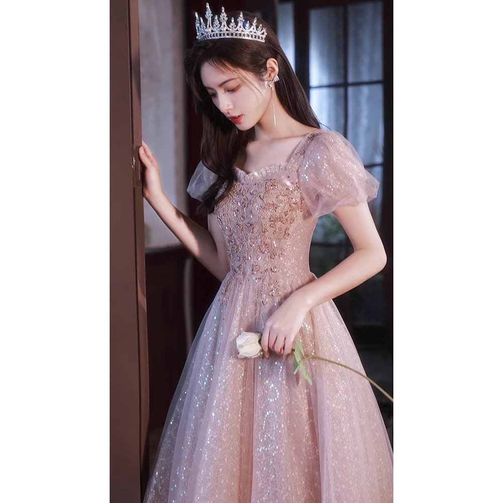 Pink Evening Gown Women 2026 Banquet Elegant French Host Art Exam Long Fairy Bubble Sleeve Long Dress