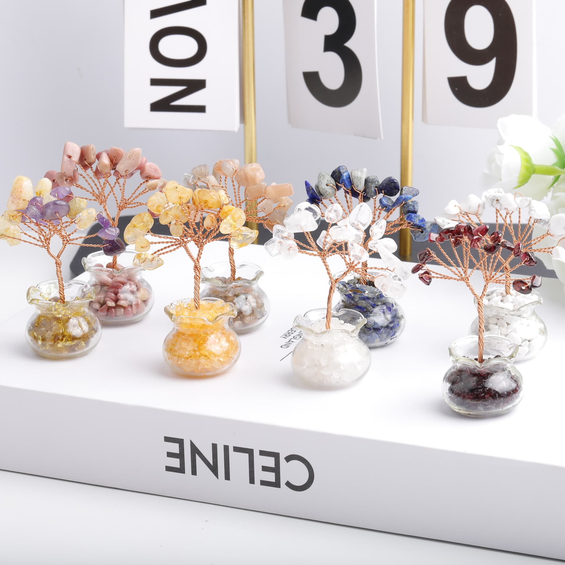 Natural Crystal Gravel Money Tree Handmade Woven Home Car Office Desk Mini Crystal Tree Fortune Decoration