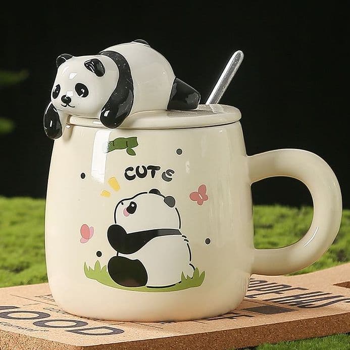 High-Quality Cartoon 3D Panda Ceramic Mug Couple Mug, Mark Cup for Dormitory Home Office with Lid Straw Spoon