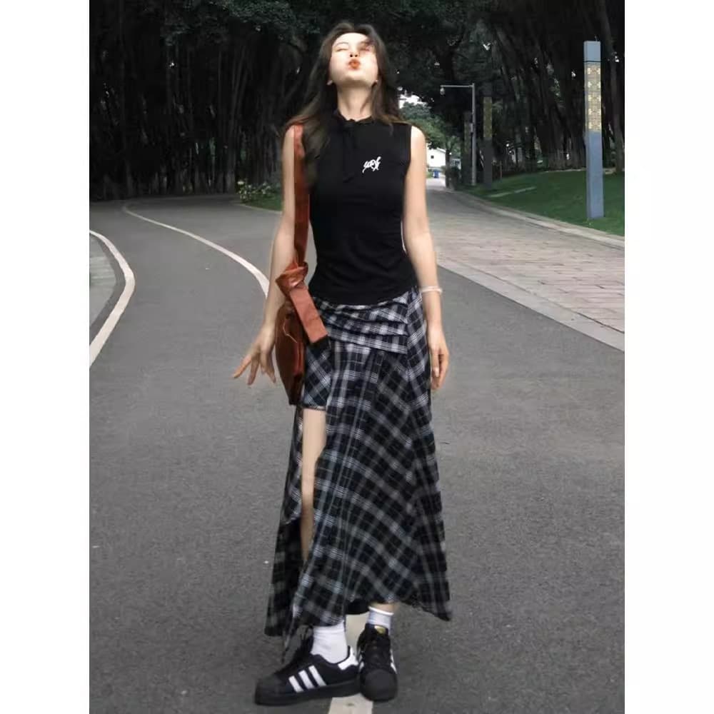 [210g 40s Fine Cotton 1x1] Korean-Style Design Black Lace-Up Sleeveless Vest Women's Summer Slim Fit Top
