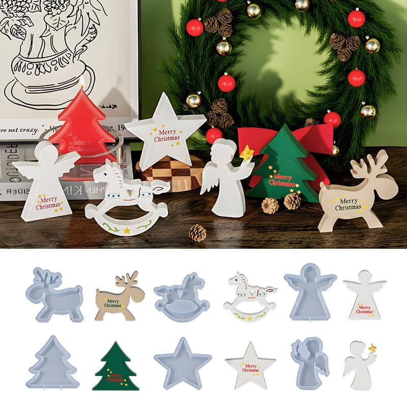 DIY Christmas Reindeer Rocking Horse Five-Pointed Star Christmas Tree Angel Boy Candle Ornament Scented Gypsum Silicone Mold