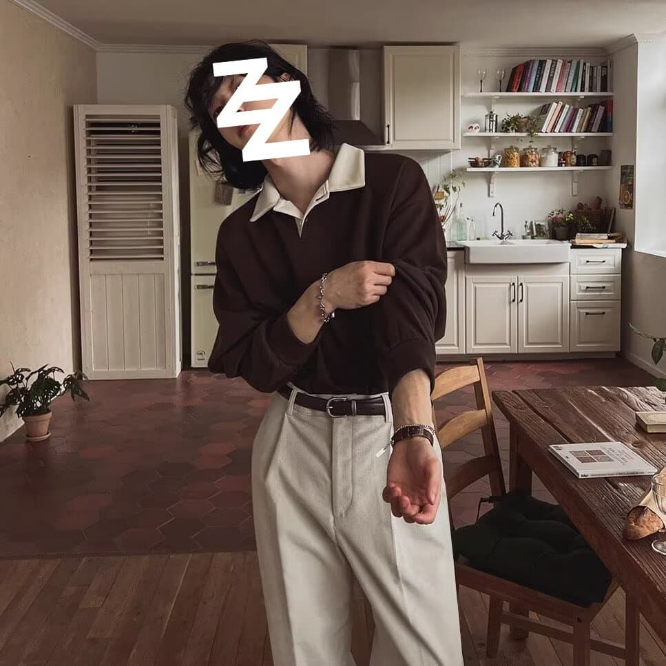 Vintage Contrast Collar Pullover Sweatshirt for Men, Autumn Loose Fit Turn-Down Collar Top, Korean Trendy Long-Sleeve Polo Style, New Brown