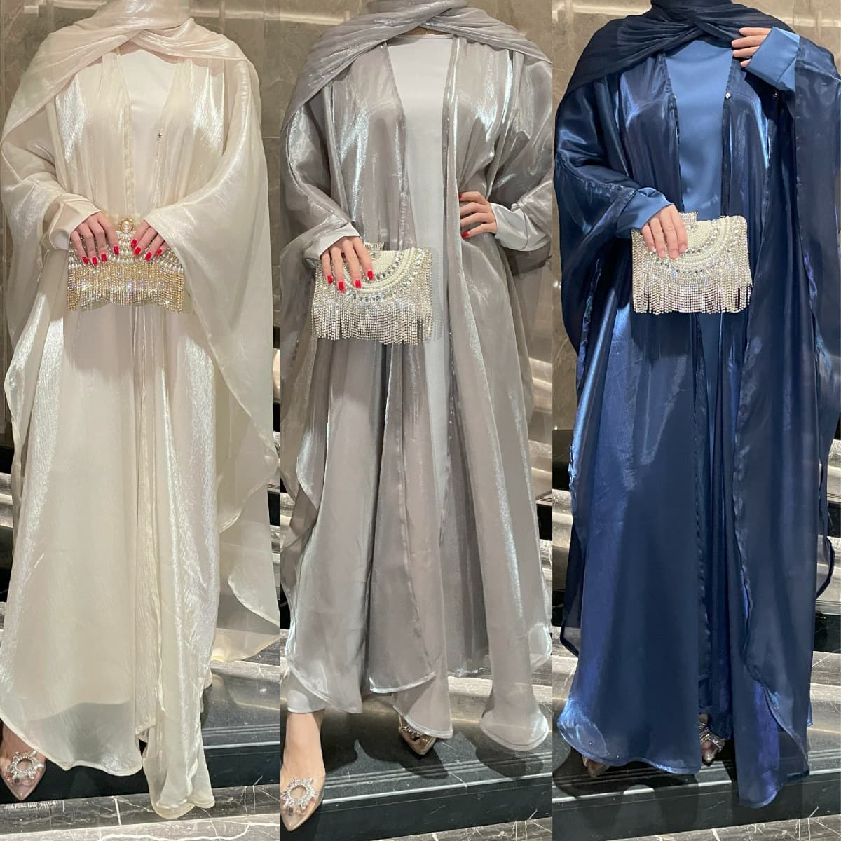 European and American Cross-border Simple Organza Dress Set Solid Color Two-Piece Shawl Outer Dress Export Modest Women's Clothing