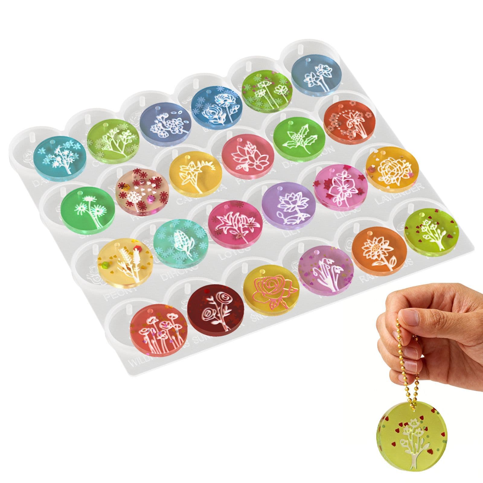 Plant Flower Round Pendant Silicone Mold DIY Crystal Epoxy Resin Keychain Ornament Hanging Tag Mold