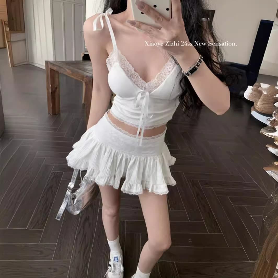 Pure and Sexy Lace Patchwork Camisole Top for Women, Spring Bow Tie Comfortable and Versatile Vest