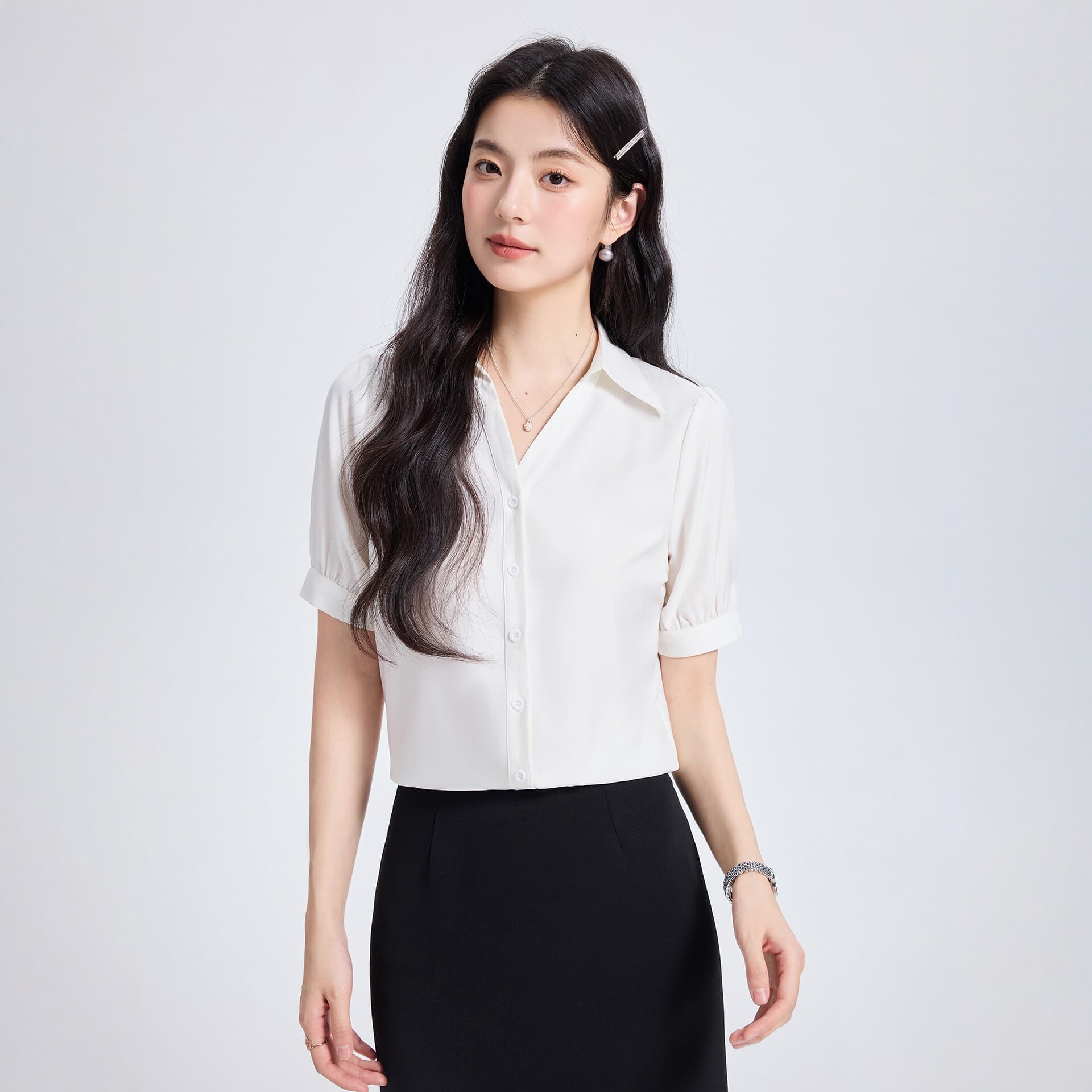 V-neck white shirt women's summer new commuter workplace interview wear high-end temperament professional short-sleeved shirt