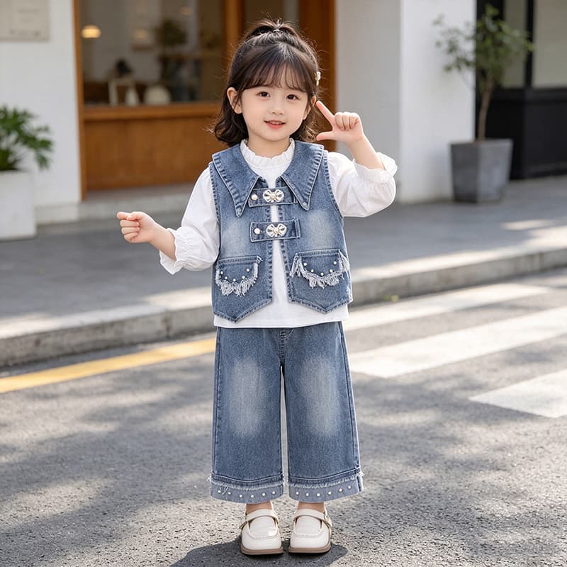 Girls denim suit 2026 spring and autumn new style retro style shirt denim vest wide leg pants three-piece set