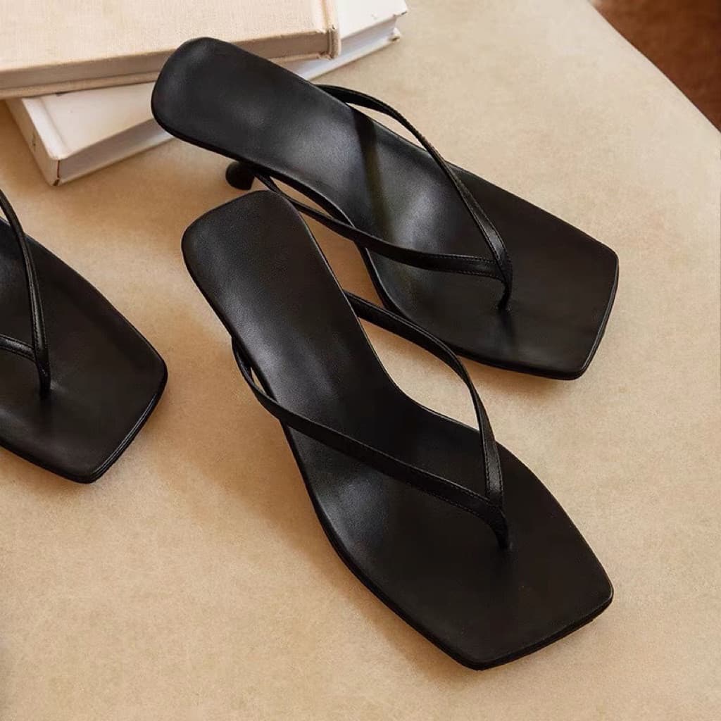 Sheepskin Version~ Square-Toe High-Heel Flip-Flops for Women Summer Outdoor Open-Toe Thong Sandals French Kitten Heel Toe-Post Slides