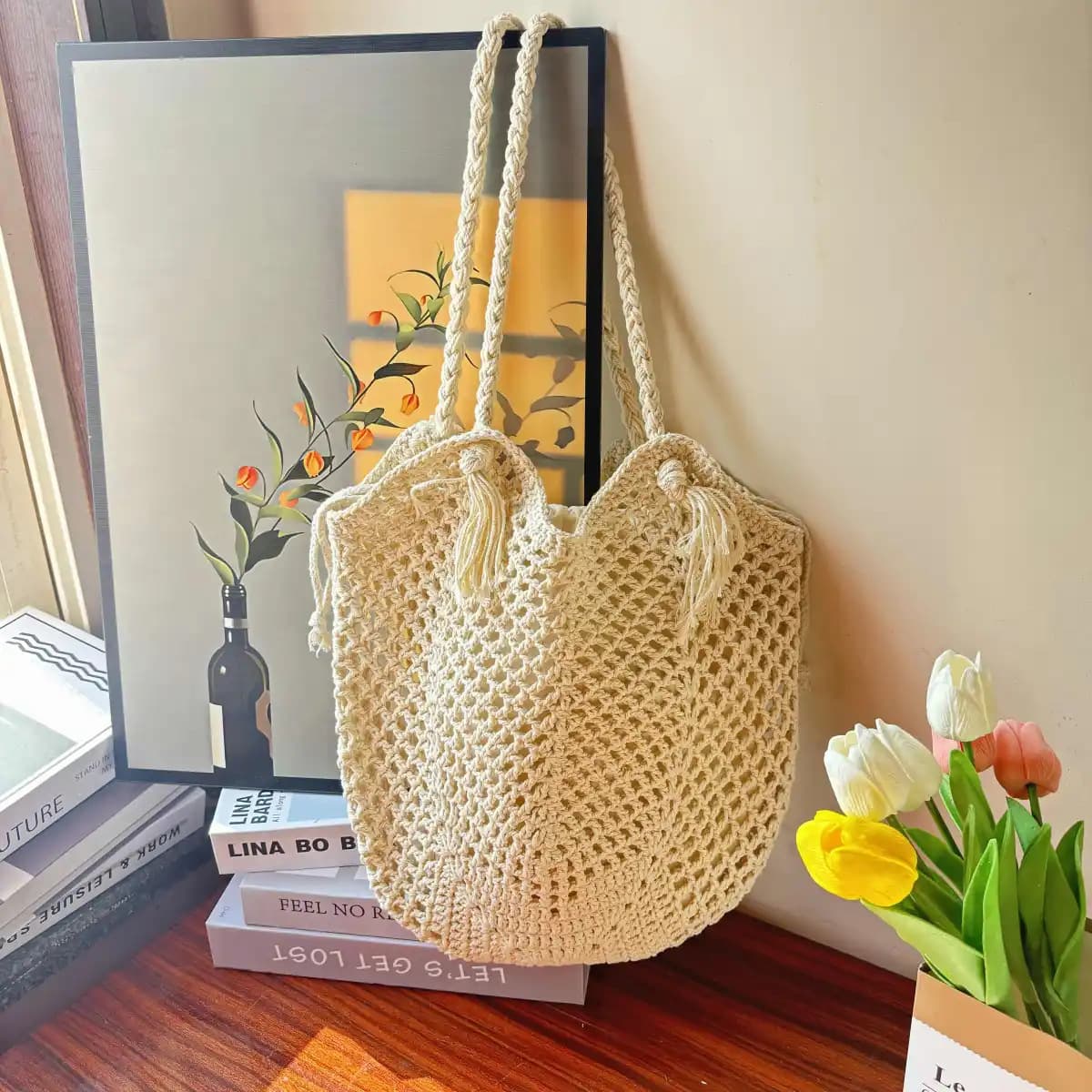 New cotton straw woven bag for women, tassel hand-woven bag, large capacity tote bag, holiday beach bag for women