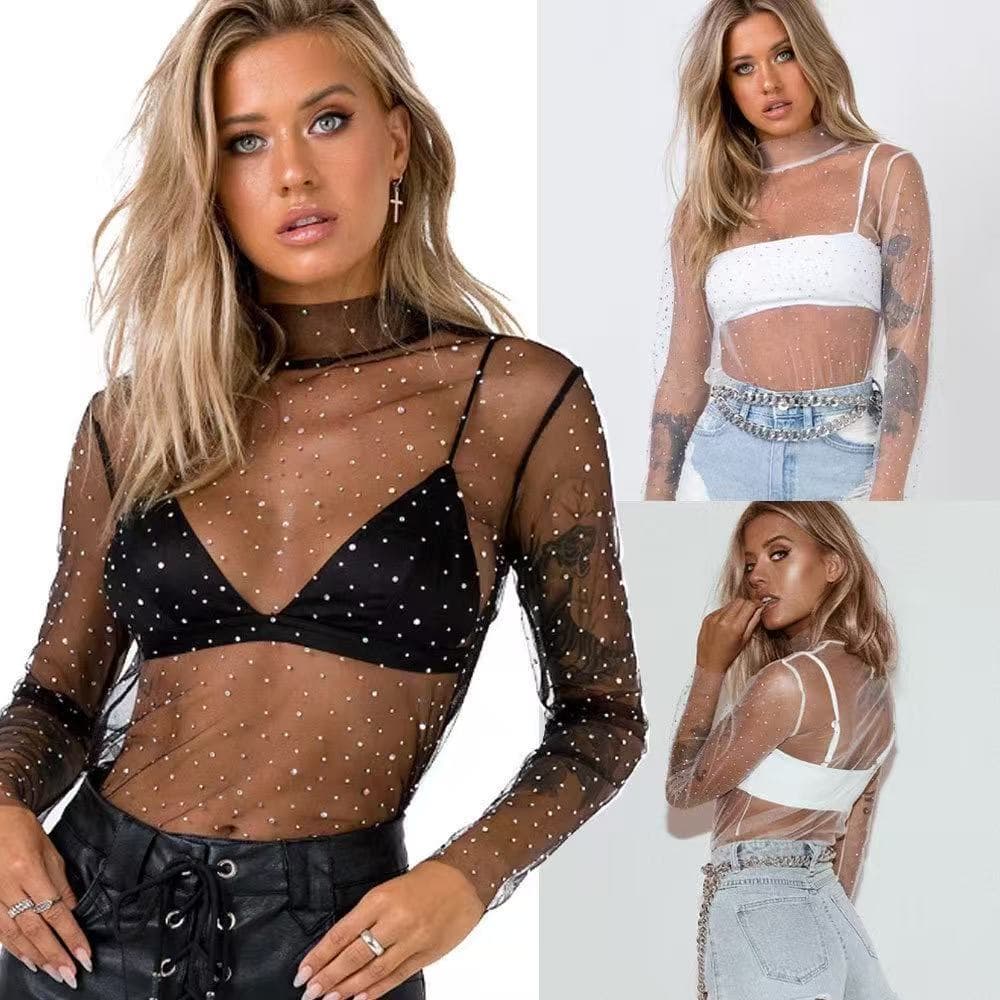 European and American foreign trade new Amazon hot selling fashion sexy sequined blouse mesh long-sleeved top