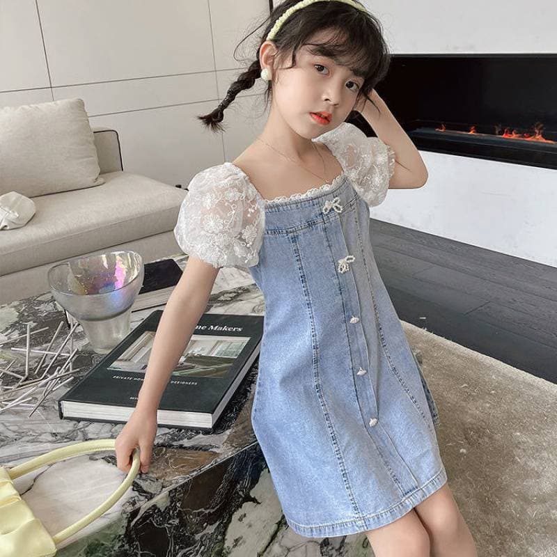 Girls Dress Summer 2025 New Style Girls Fashionable Lace Puff Short Sleeve Princess Denim Dress 6293