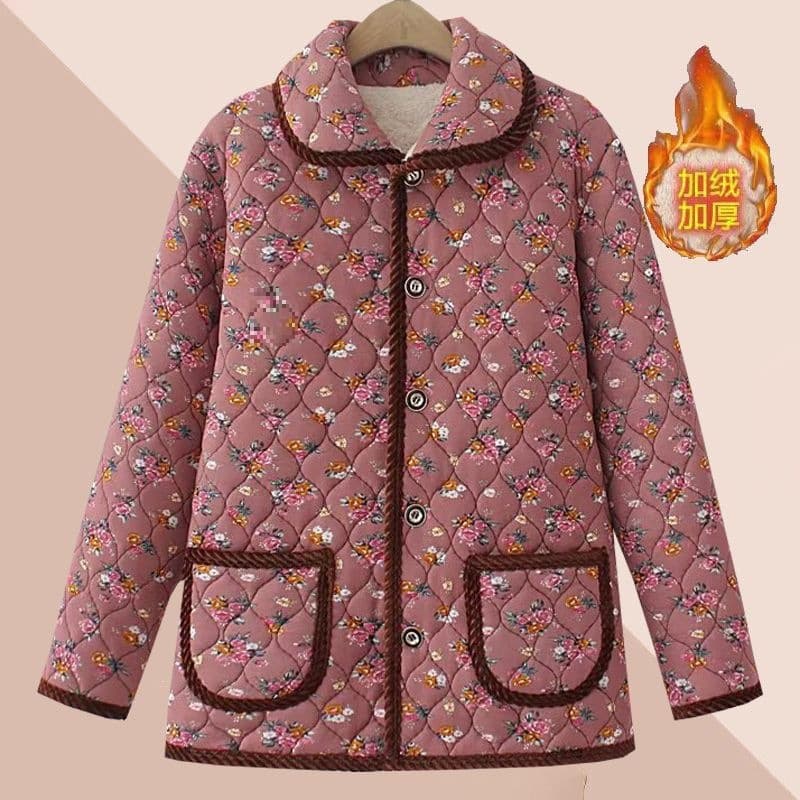 New Winter Cotton Jacket for Middle-Aged and Elderly Mothers, Patterned Ladies' Short Fleece-Lined Cotton Coat Warm Cotton Jacket