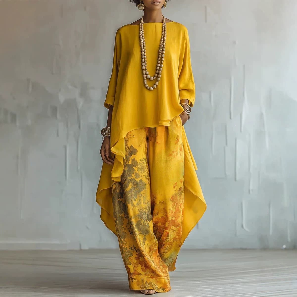 2026 new cross-border European and American printing irregular loose pants round neck top short front and long back two-piece set