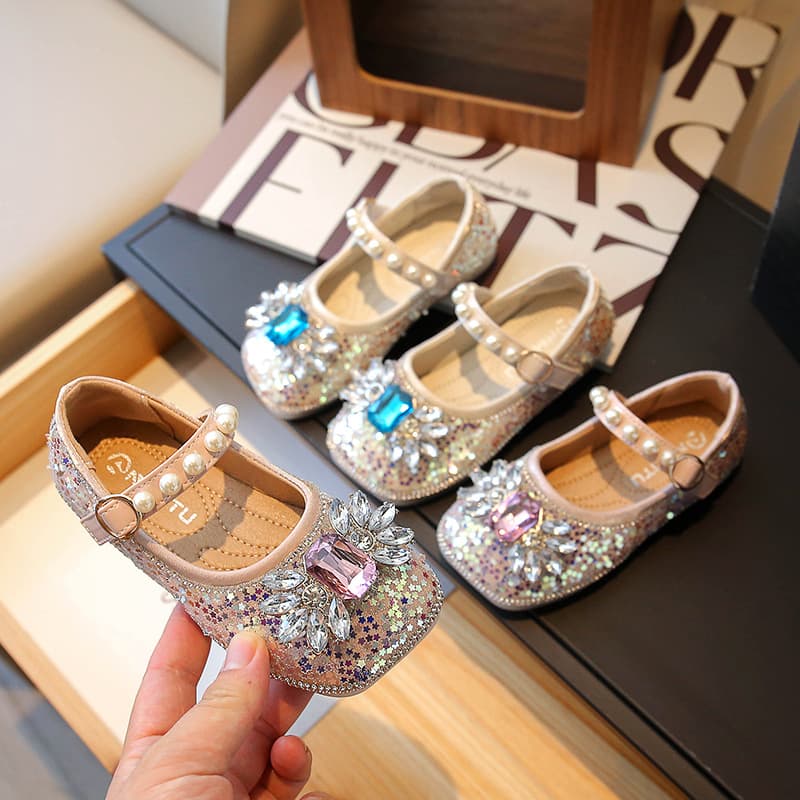 Girls' Leather Shoes Korean Style, 2024 Spring/Autumn New Children's Soft-Sole Elsa Princess Shoes, Girl's Crystal Shiny Flats