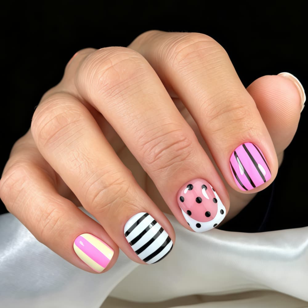 Sweet Cool Pink Black Striped Polka Dot Press On Nails Short Square Nails Spicy Girl False Nails Detachable Nail Tips Wholesale