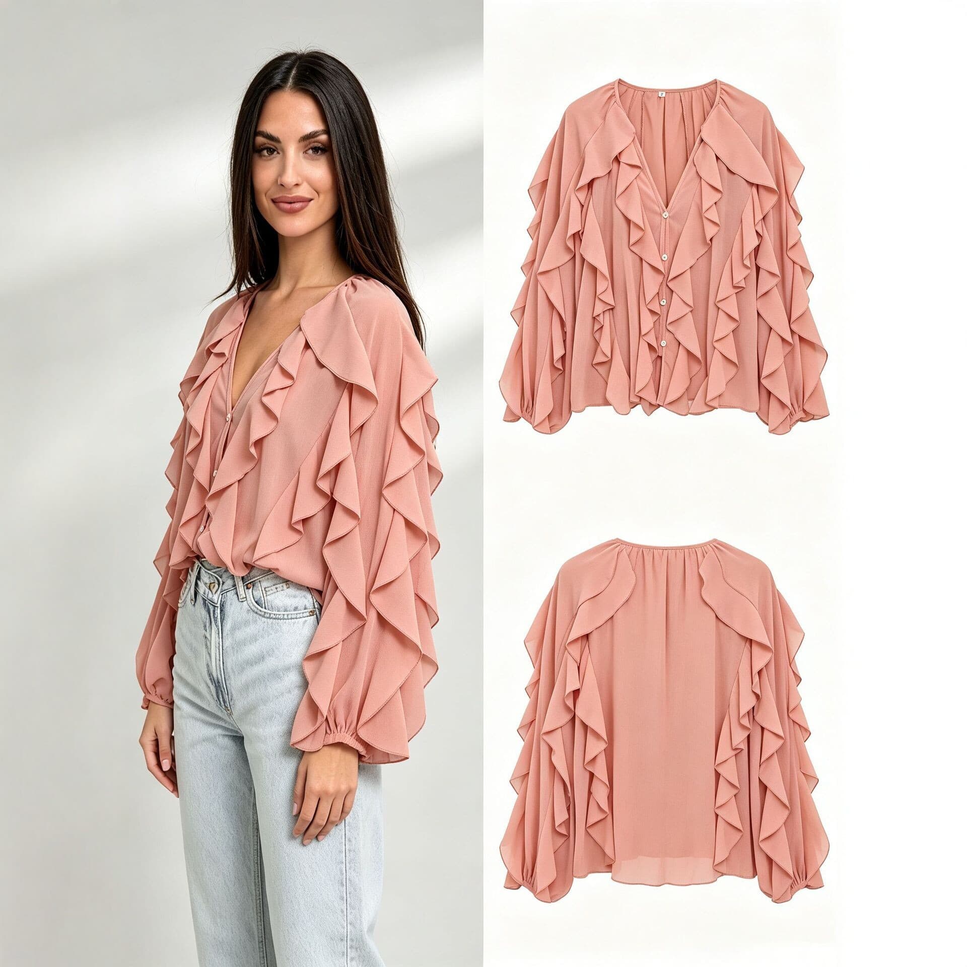 Spring/Summer Women's V-Neck Layered Decorative Long-Sleeve Blouse, Versatile Pullover Top with Design Sense, Niche Fashion