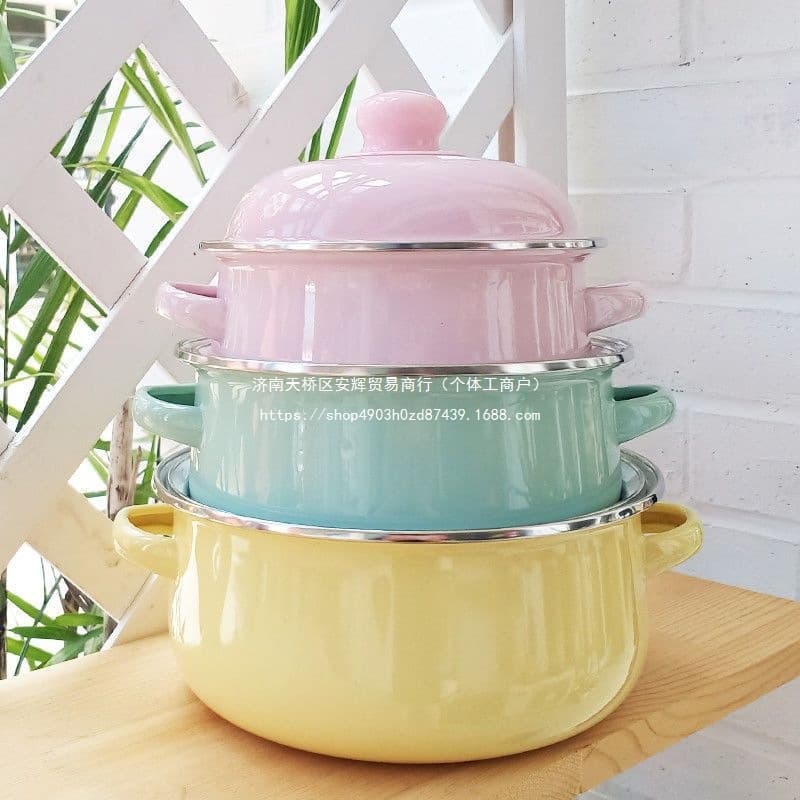Thickened Candy Color Enamel Soup Pot 16cm 18cm 20cm Stew Pot Hot Pot 3-Piece Set with Lid