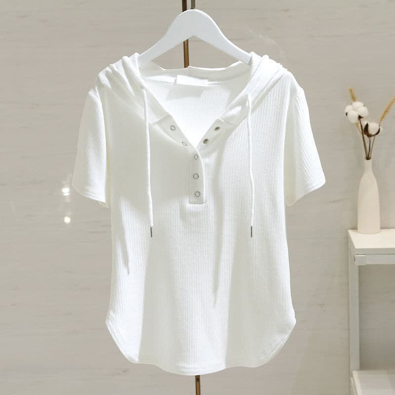 Pure Black and White Hooded Short-Sleeved T-Shirt for Women 2026 Summer New Style Stylish Loose Slimming Drawstring T-Shirt Top