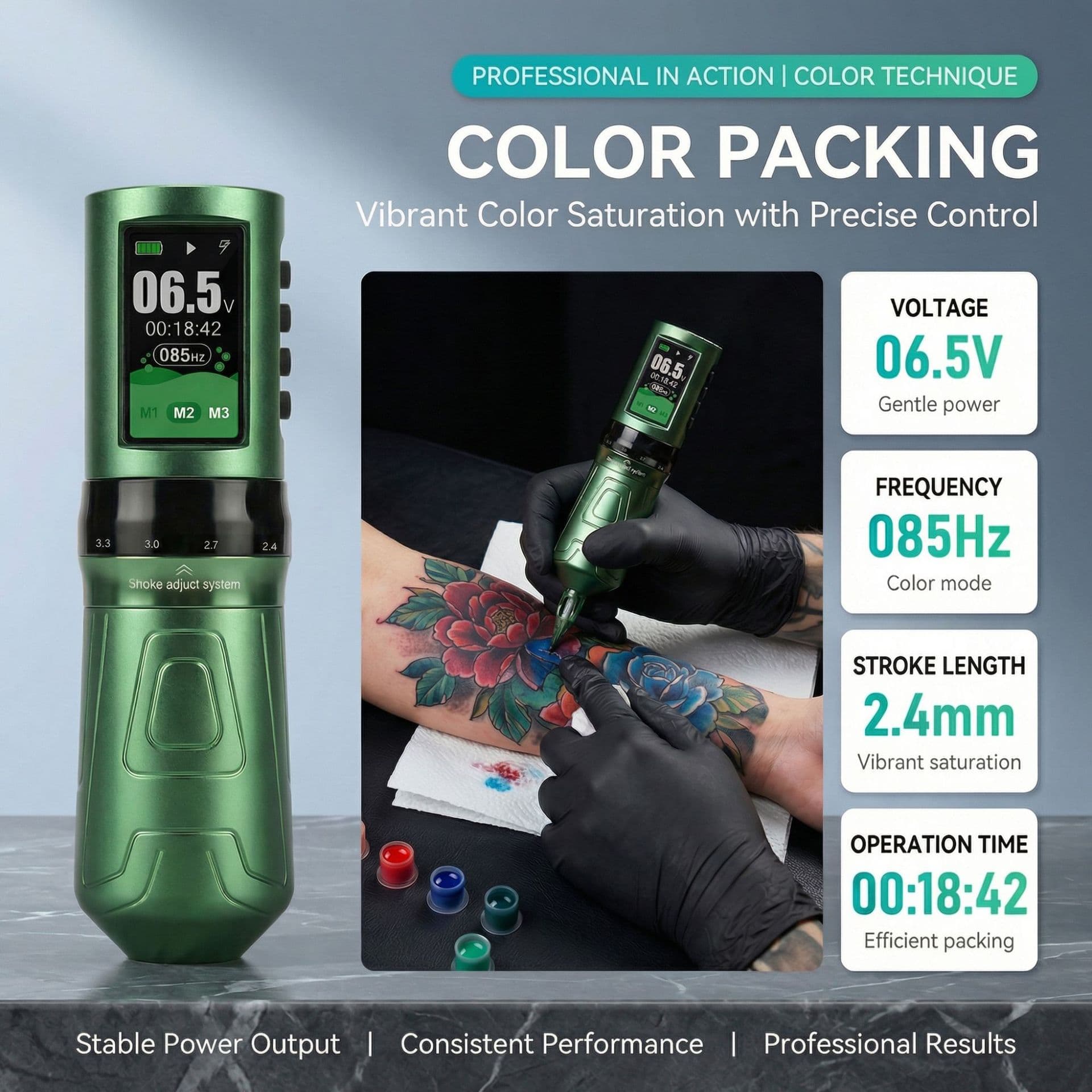 Tattoo Green Machine Adjustable Stroke Color Screen Wireless Charging Tattoo Pen Set Tattoo Kit Cross-Border