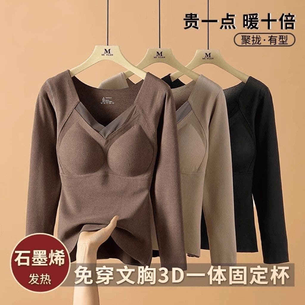 Graphene Seamless Warm Underwear Long Sleeve Base Layer with Built-in Bra No Bra Needed Heat-generating Fleece Lined Warm Top Women