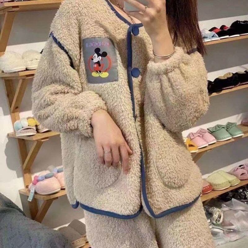 Thickened Coral Fleece Autumn/winter Women's Sleepwear Casual Loose-fit Warm Homewear Suit Cute Cartoon Design