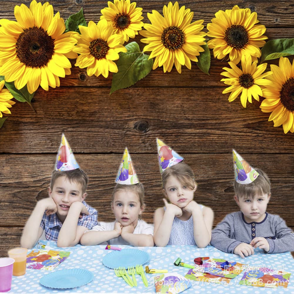 Sunflower background brown wooden background photography children baby christening birthday party background banner photo studio