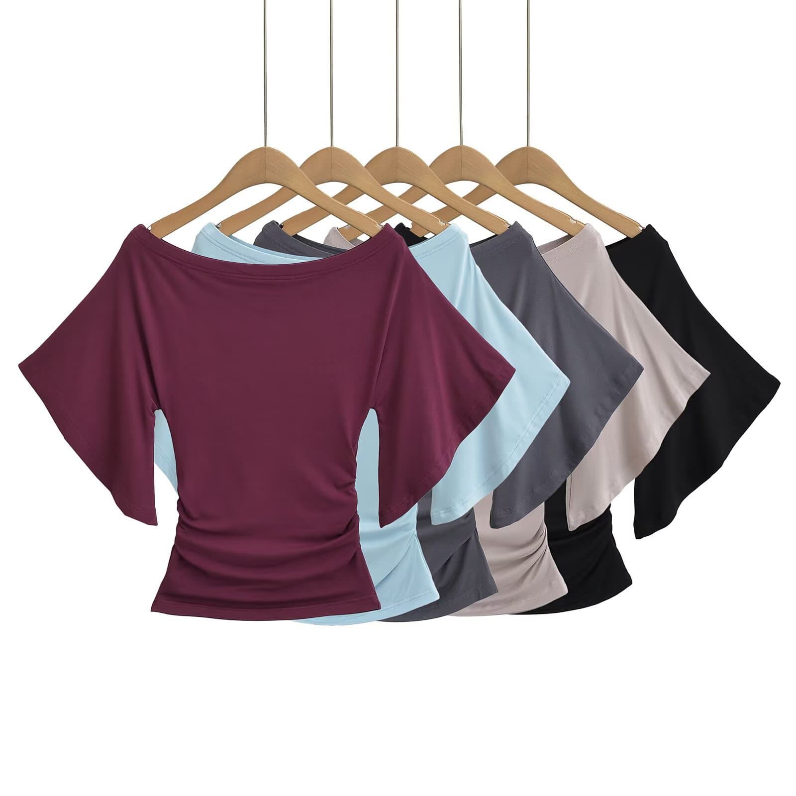 Cross-Border Women's Clothing Wholesale Pure & Sexy Off-Shoulder Three-Quarter Sleeve Fitted T-Shirt INS Bare Shoulder Slimming Base Layer