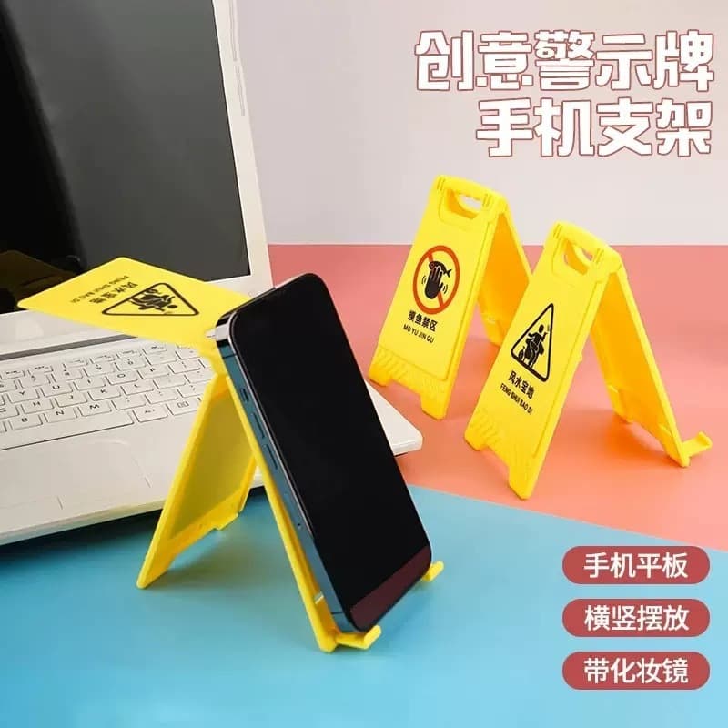Desktop Phone Stand Creative Warning Sign Customizable Logo Portable Office Movie Watching with Makeup Mirror Multifunctional Stand