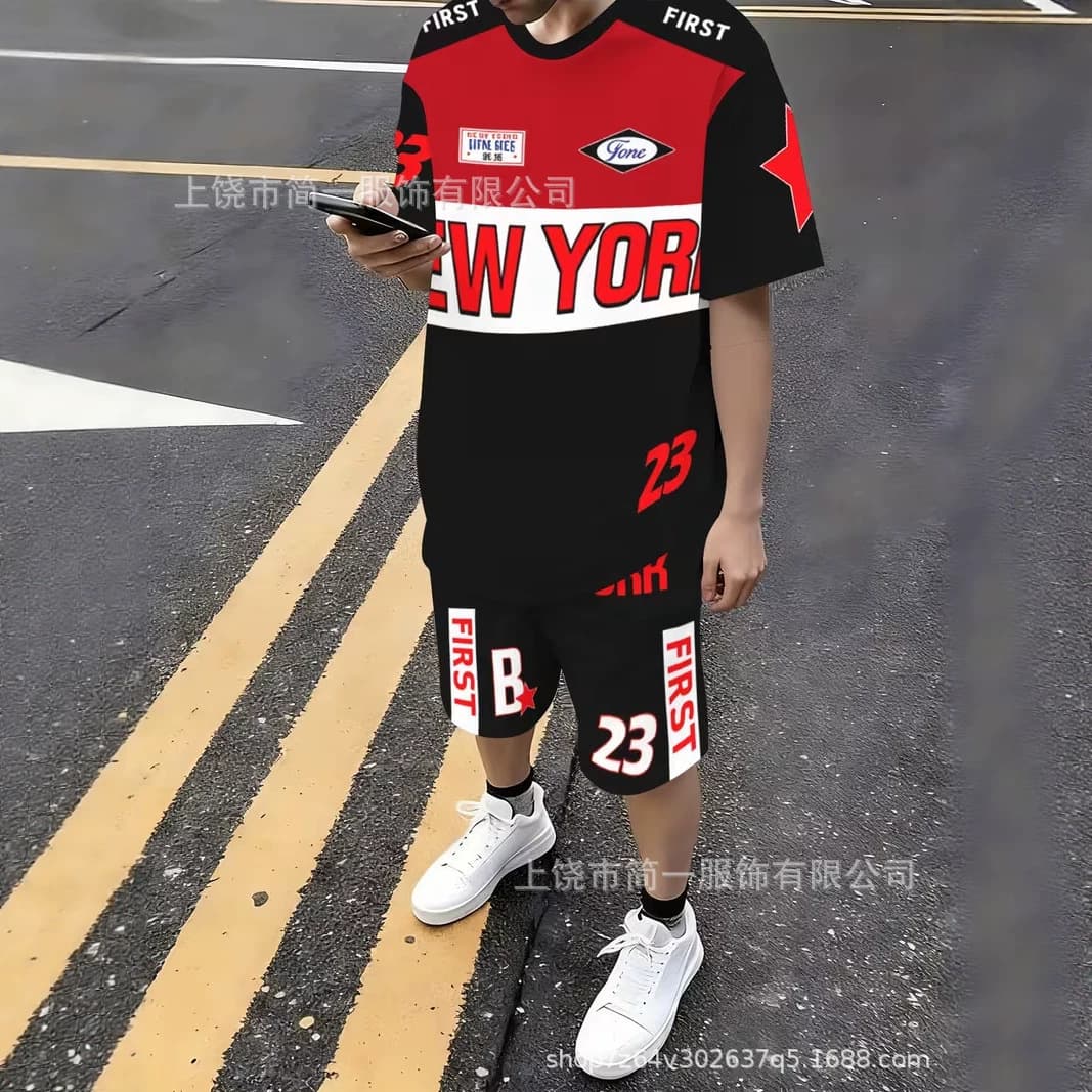Cross-border Amazon Summer Men's Set Fashionable Comfortable Casual Sport 3D Print Short Sleeve T-Shirt and Shorts Men's Set