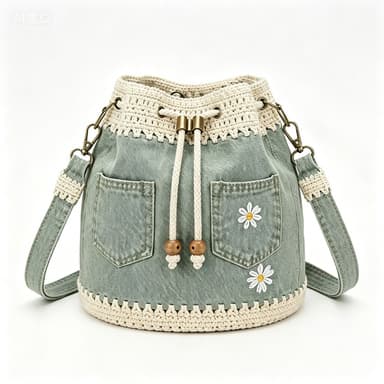 Vintage Denim Crochet Bucket Bag |Vintage Denim Crochet Bucket Bag with Da